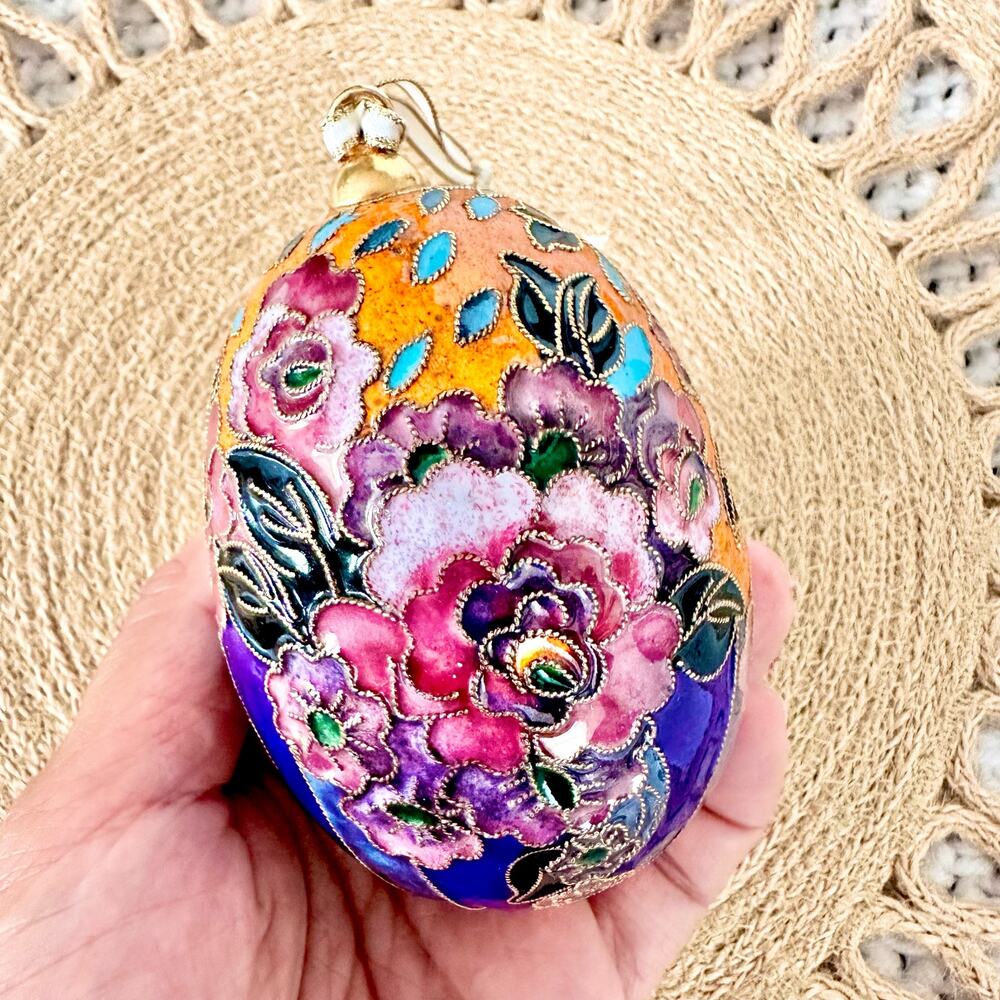 Vintage Orange Blue Pink Floral Cloisonne Egg Ornament Ornate Heavy Artsy - Picture 6 of 6